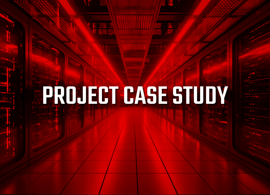 Project Case Study text overlay on image of a data center server room.