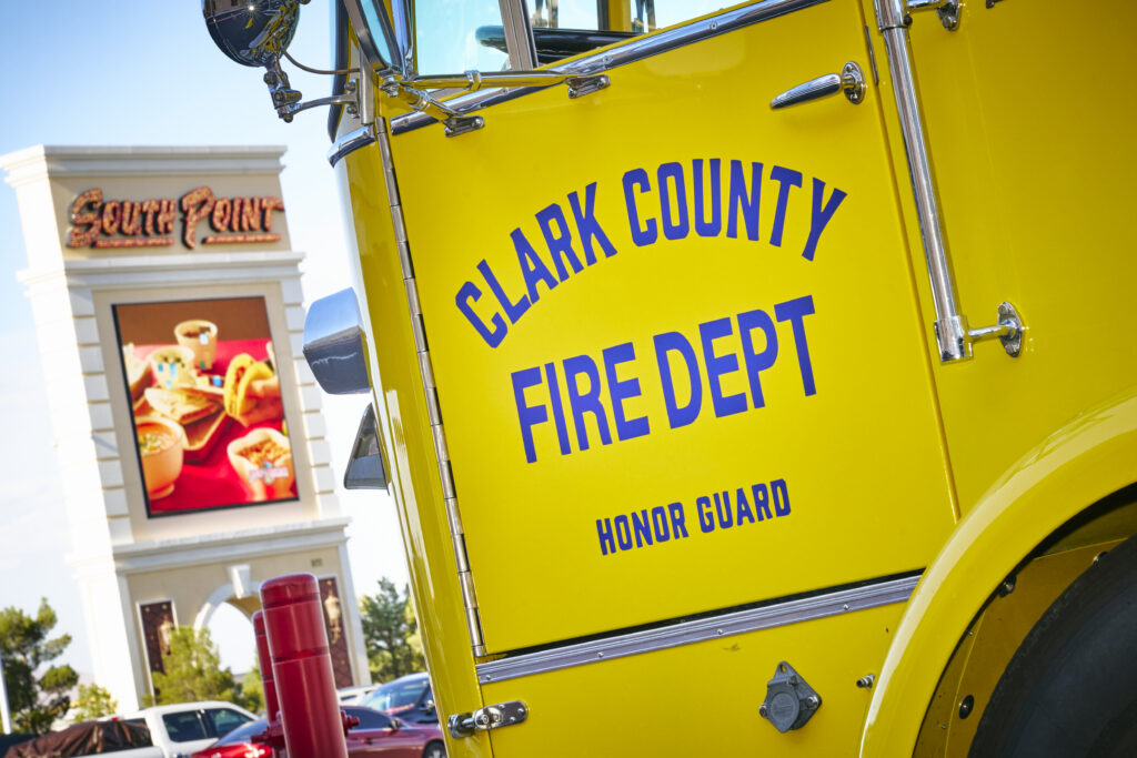 Clark County Fire Department fire truck parked in front of the SouthPoint casino in Las Vegas, Nevada, promoting the PTR charity poker tournament.